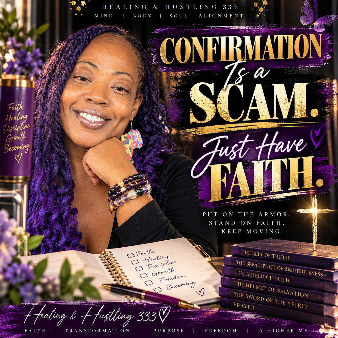Confirmation Is a Scam. Just Have Faith. Purple and gold Healing and Hustling 333 faith graphic.
