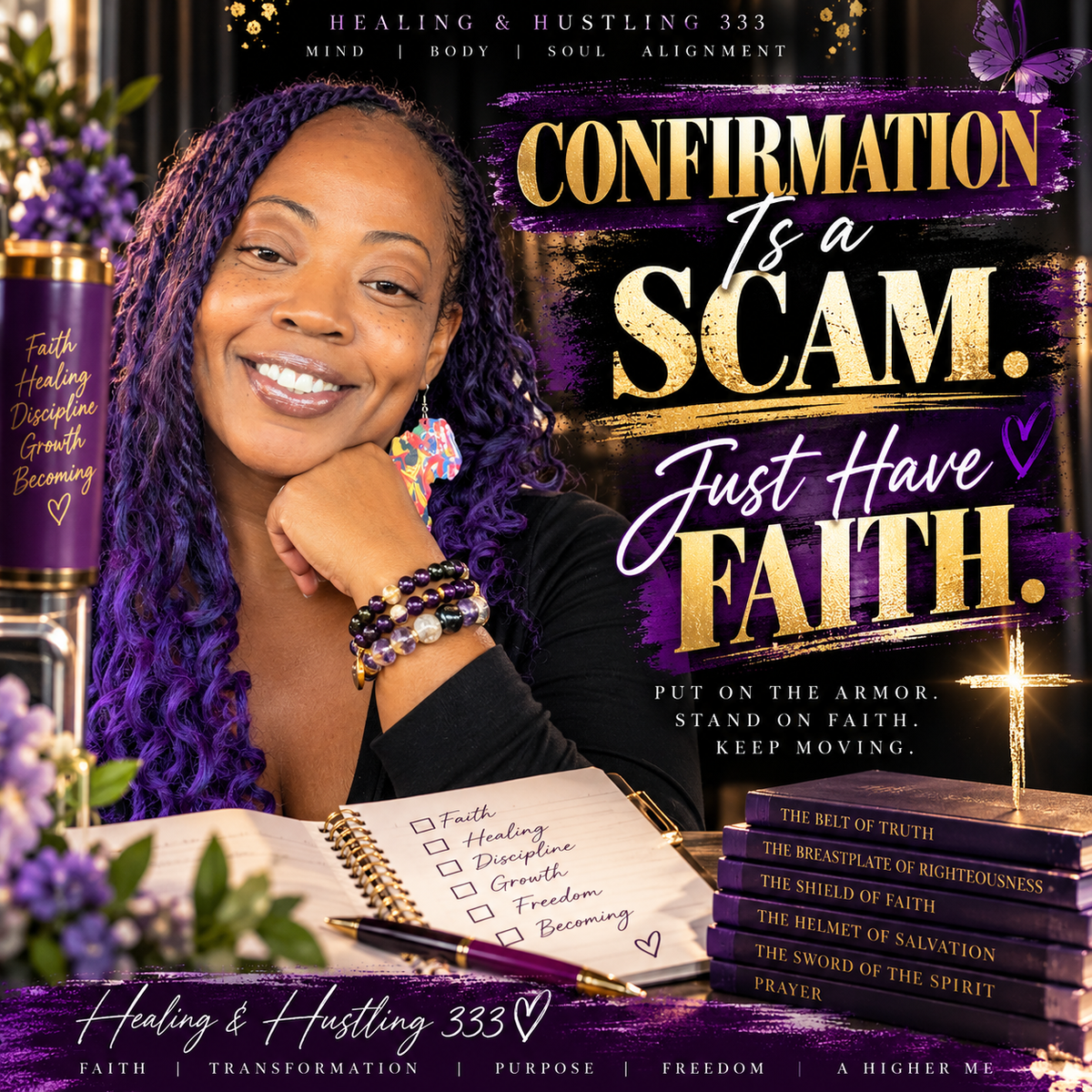 Confirmation Is a Scam. Just Have Faith. Purple and gold Healing and Hustling 333 faith graphic.