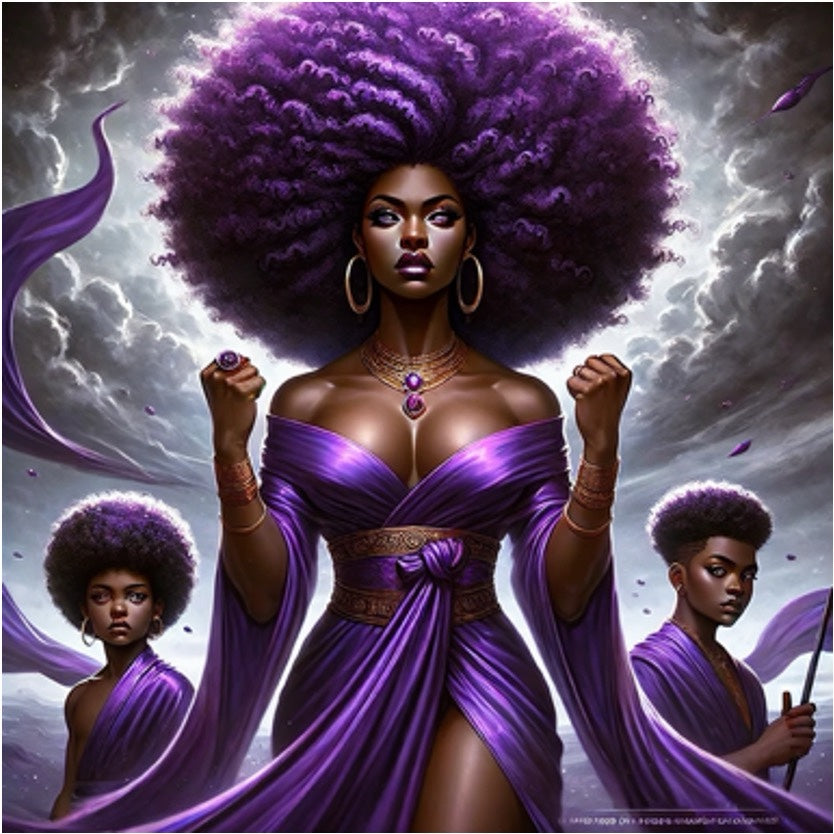 Purple artwork of a powerful Black woman with two younger figures, featured for The Season of Follow Through