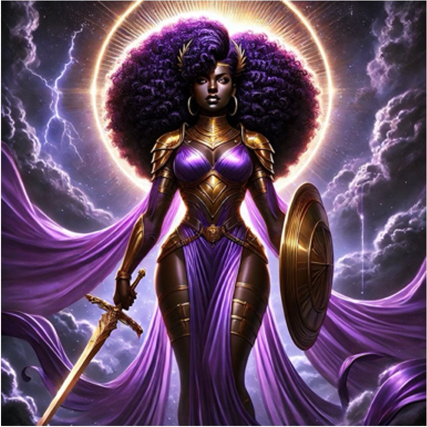 Black woman in purple and gold armor holding a sword and shield beneath a glowing halo